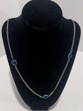 Vintage Coro Blue Glass Station Necklace Silver Tone Long Chain Faceted Stones